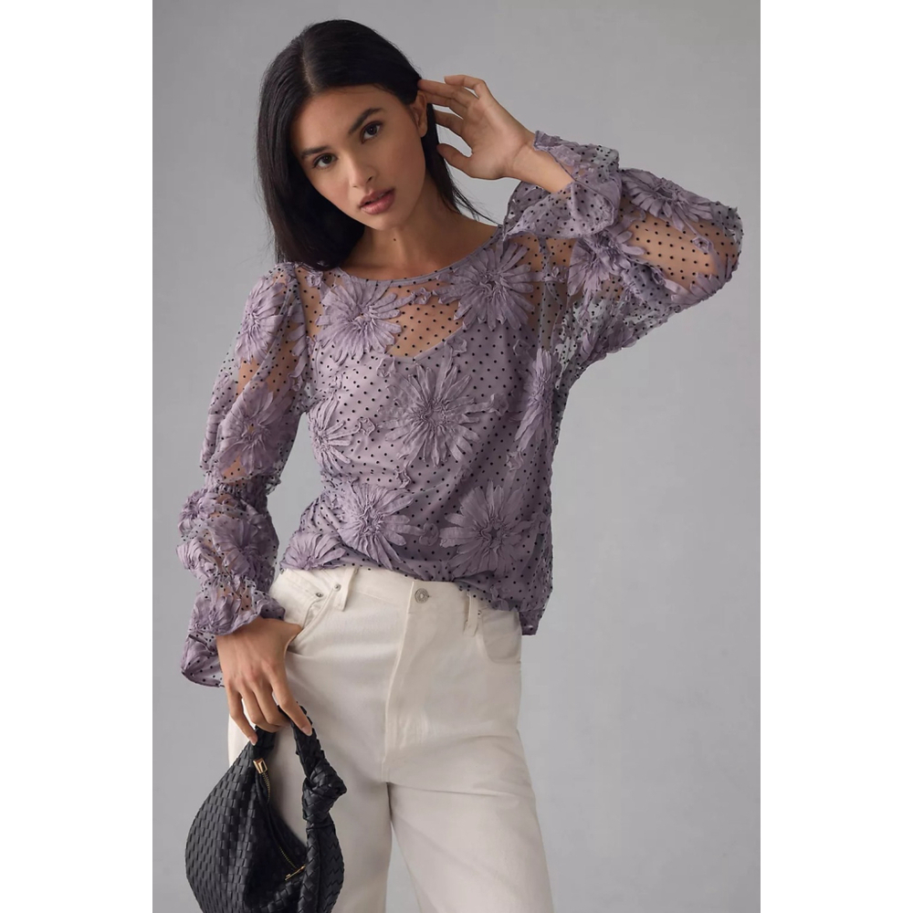 NWT ANTHROPOLOGIE Eva Franco Polka Dot Sheer Puff Sleeve Blouse Top Purple XS - Picture 1 of 9